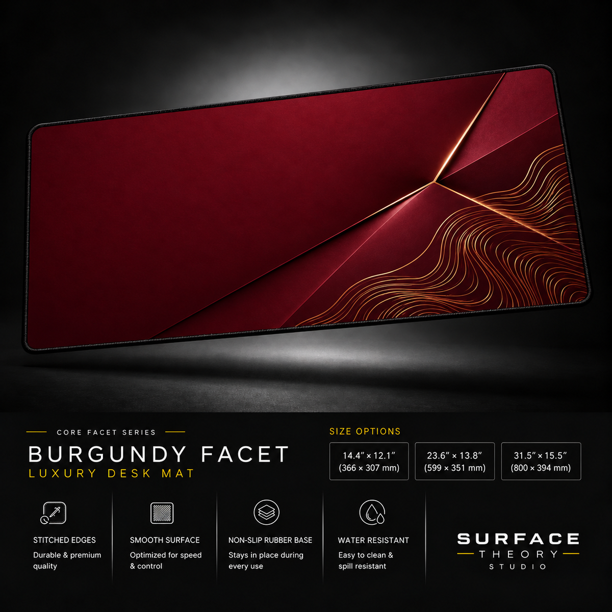 Burgundy Facet desk mat floating against a dark studio background.