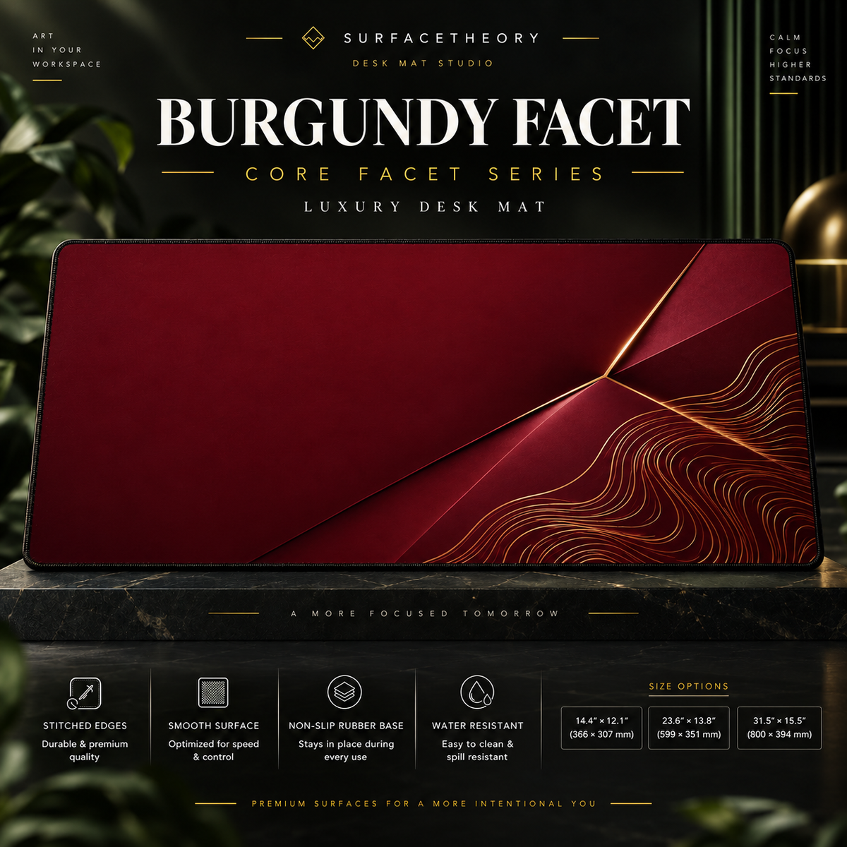 Burgundy Facet desk mat on a studio display with size and product information.