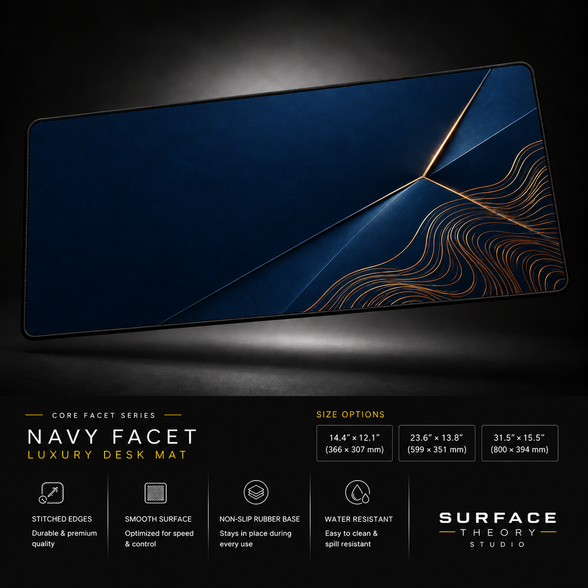 Navy Facet desk mat floating against a dark studio background.