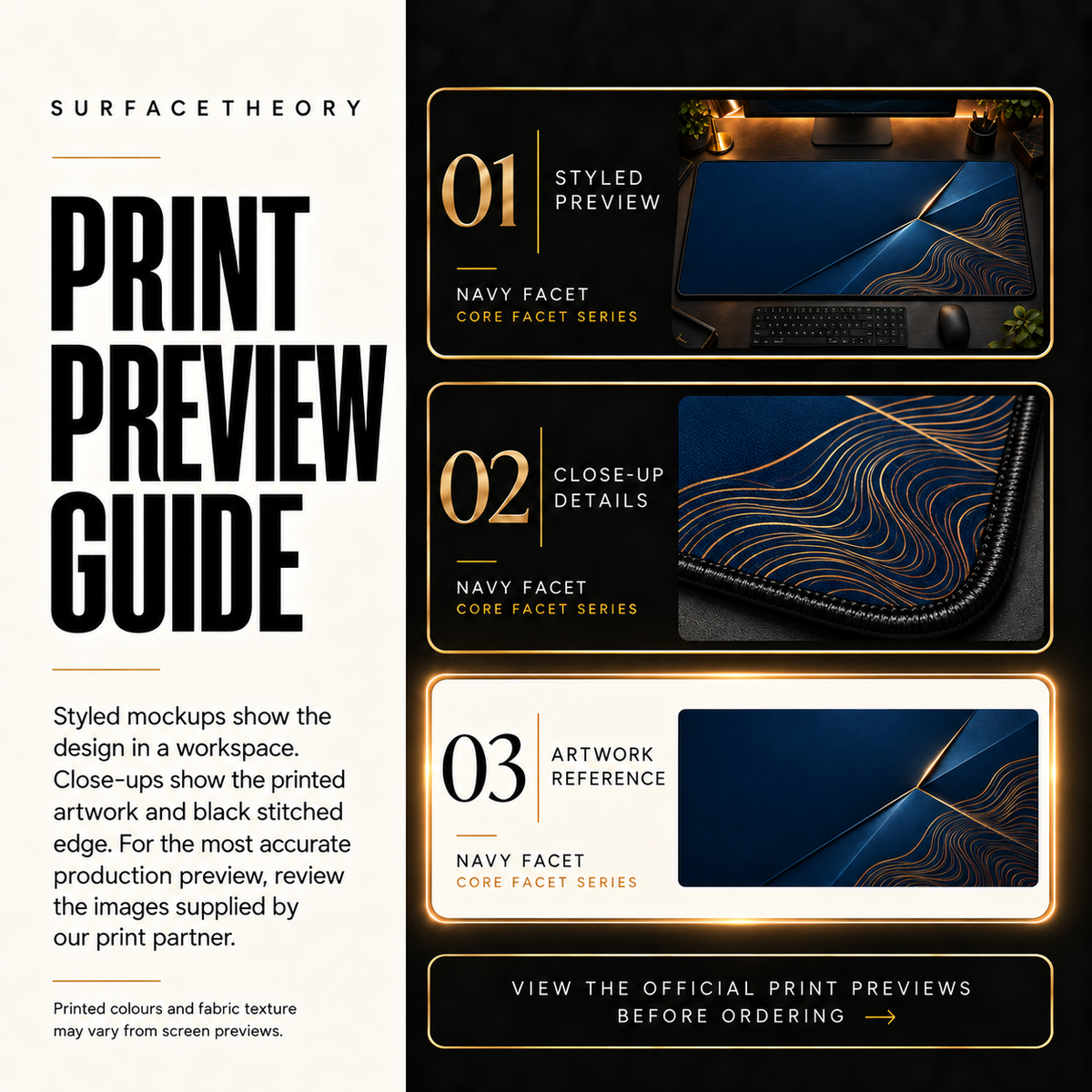 Navy Facet print preview guide comparing styled presentation, close-up and artwork reference.