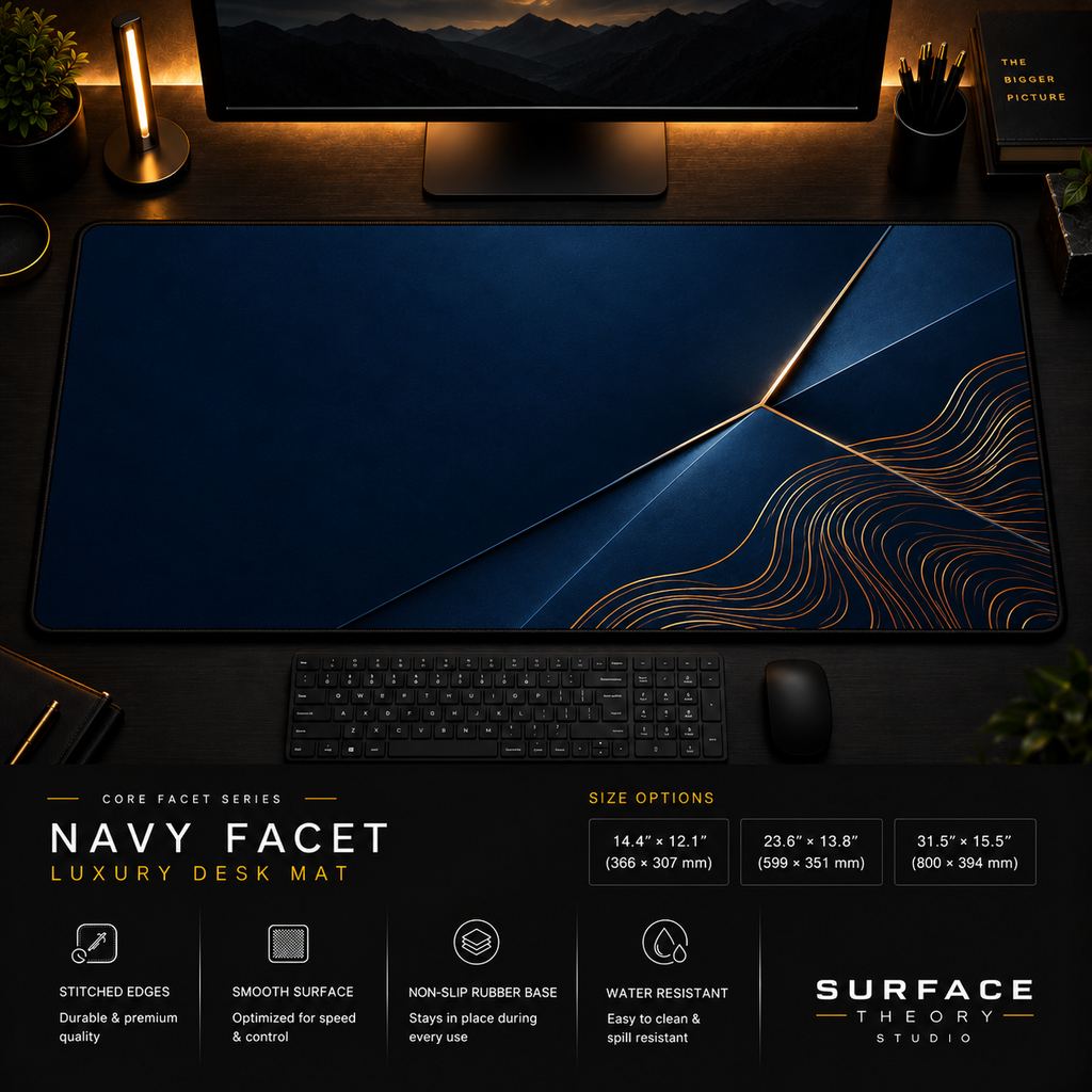 Navy Facet desk mat in a dark workstation with warm monitor lighting.