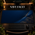 Navy Facet desk mat in a warm, dark workspace.