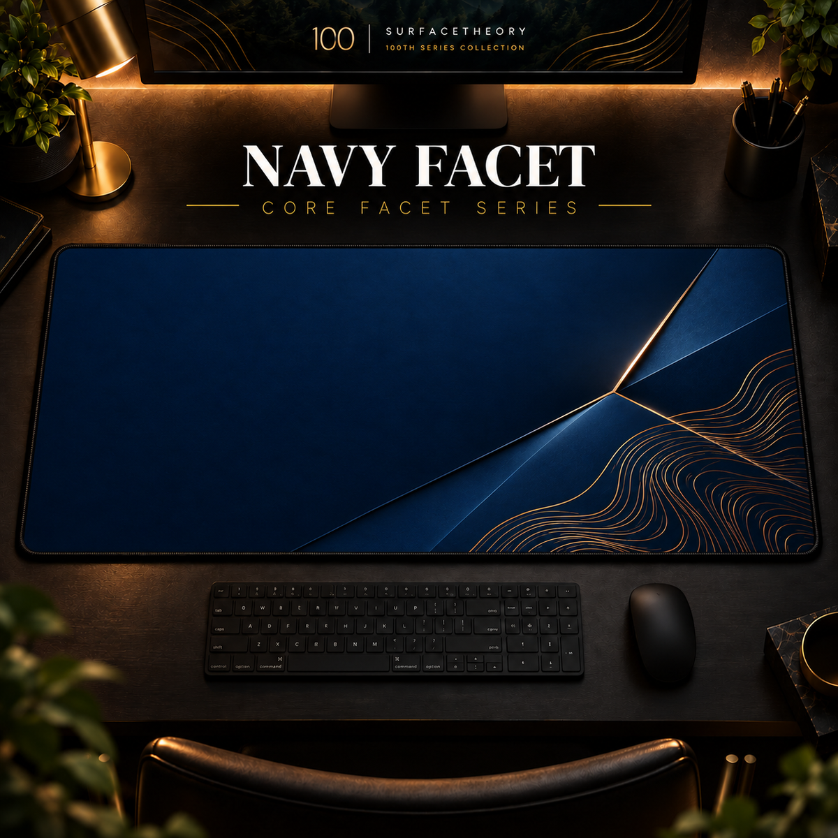 Navy Facet desk mat in a warm, dark workspace.