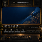Navy Facet desk mat in a gold-toned showcase frame above a keyboard.
