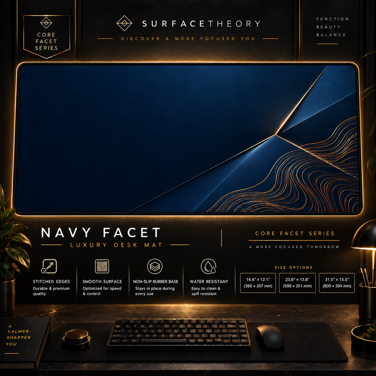Navy Facet desk mat in a gold-toned showcase frame above a keyboard.
