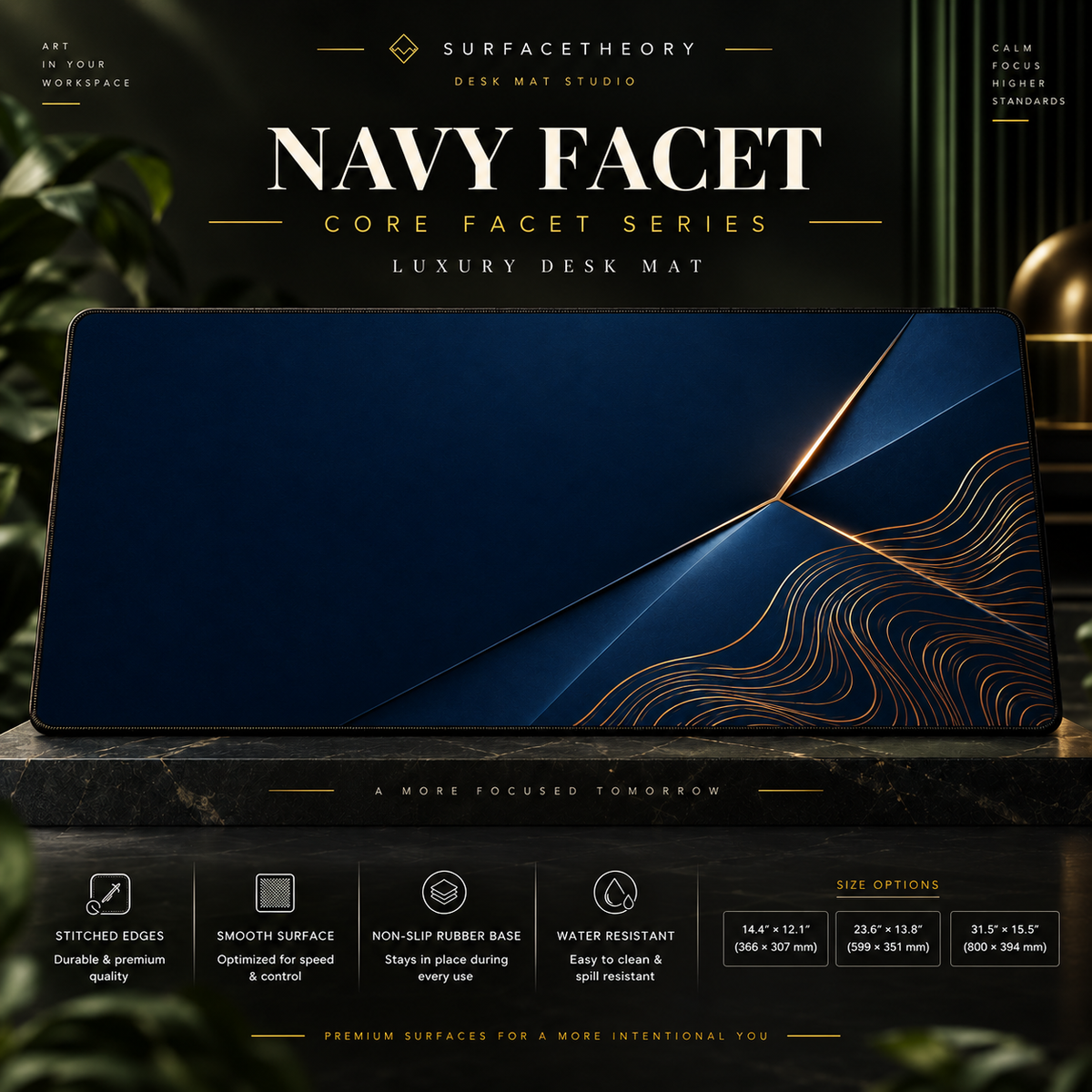 Navy Facet desk mat on a studio display with size and product information.