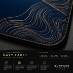 Close-up of Navy Facet printed artwork and black stitched corner.