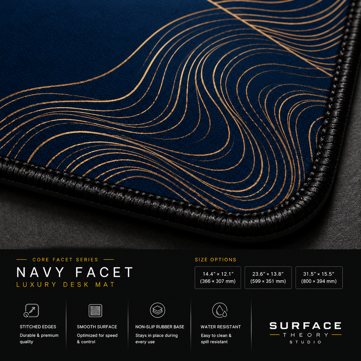 Close-up of Navy Facet printed artwork and black stitched corner.