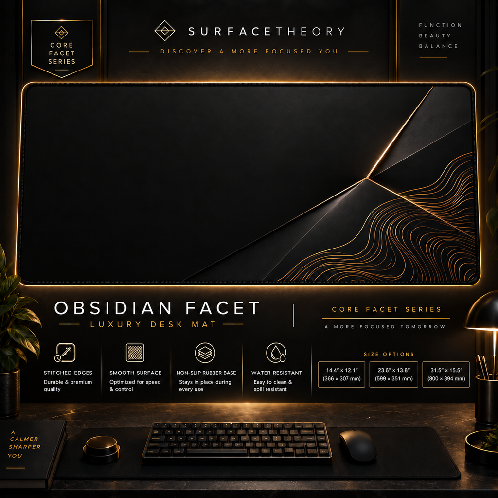 Obsidian Facet desk mat in a gold-toned showcase frame above a keyboard.