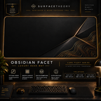 Obsidian Facet desk mat in a gold-toned showcase frame above a keyboard.
