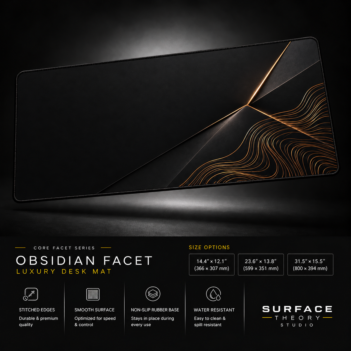Obsidian Facet desk mat floating against a dark studio background.