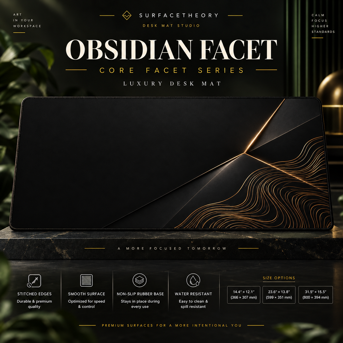 Obsidian Facet desk mat on a studio display with size and product information.