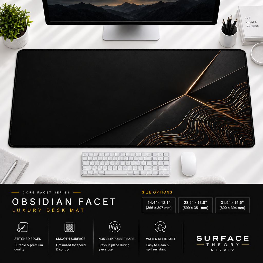 Obsidian Facet desk mat beneath a monitor on a bright desk with a white keyboard and mouse.