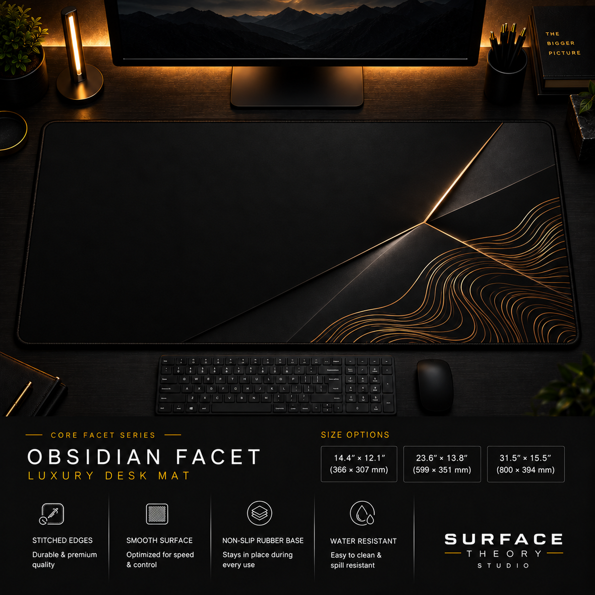 Obsidian Facet desk mat in a dark workstation with warm monitor lighting.