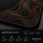 Close-up of Obsidian Facet printed artwork and black stitched corner.