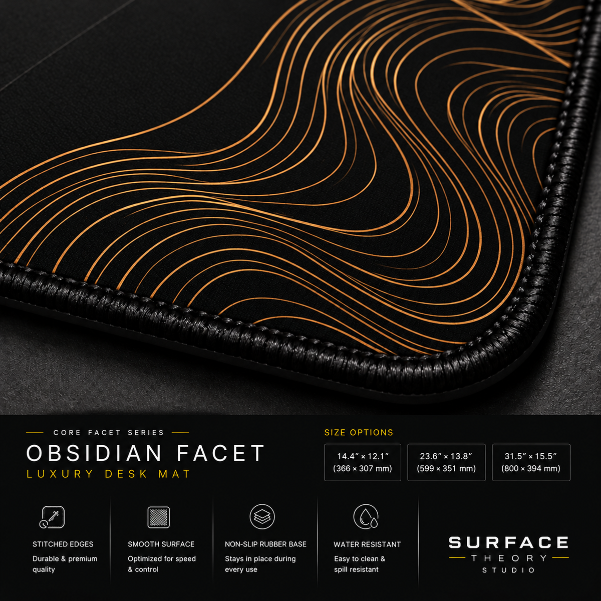 Close-up of Obsidian Facet printed artwork and black stitched corner.