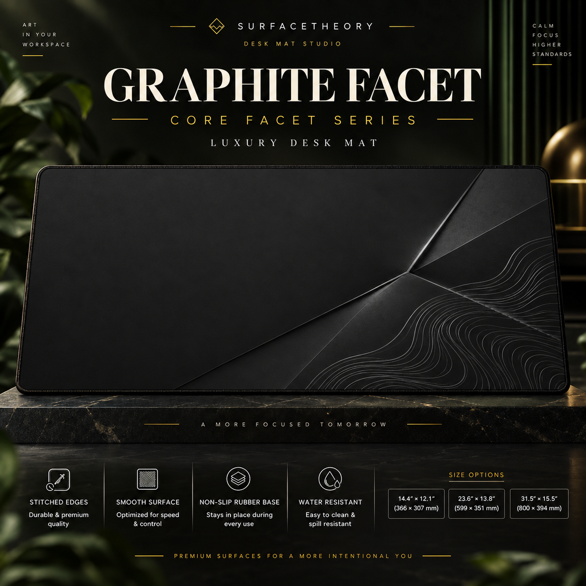 Graphite Facet desk mat on a studio display with size and product information.