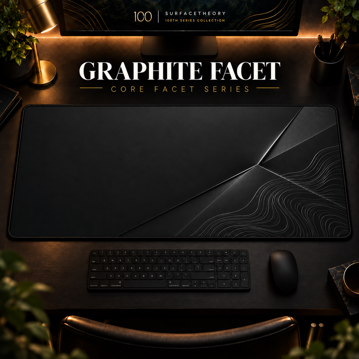 Graphite Facet desk mat in a warm, dark workspace.