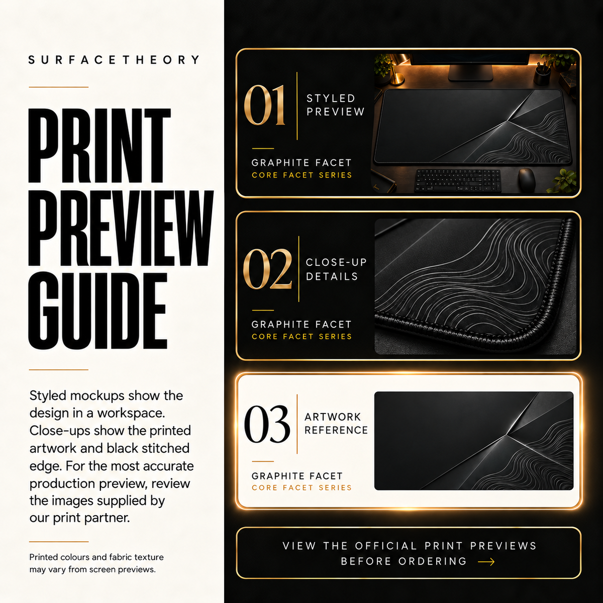 Graphite Facet print preview guide comparing styled presentation, close-up and artwork reference.