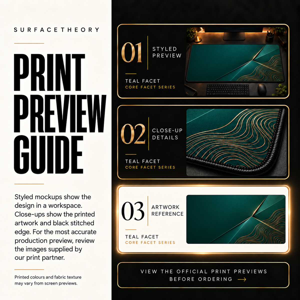 Teal Facet print preview guide comparing styled presentation, close-up and artwork reference.