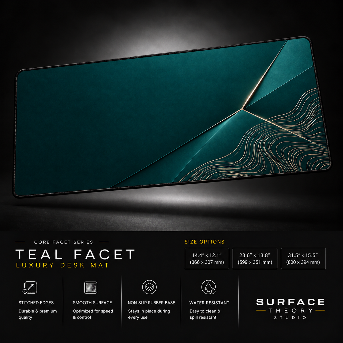 Teal Facet desk mat floating against a dark studio background.