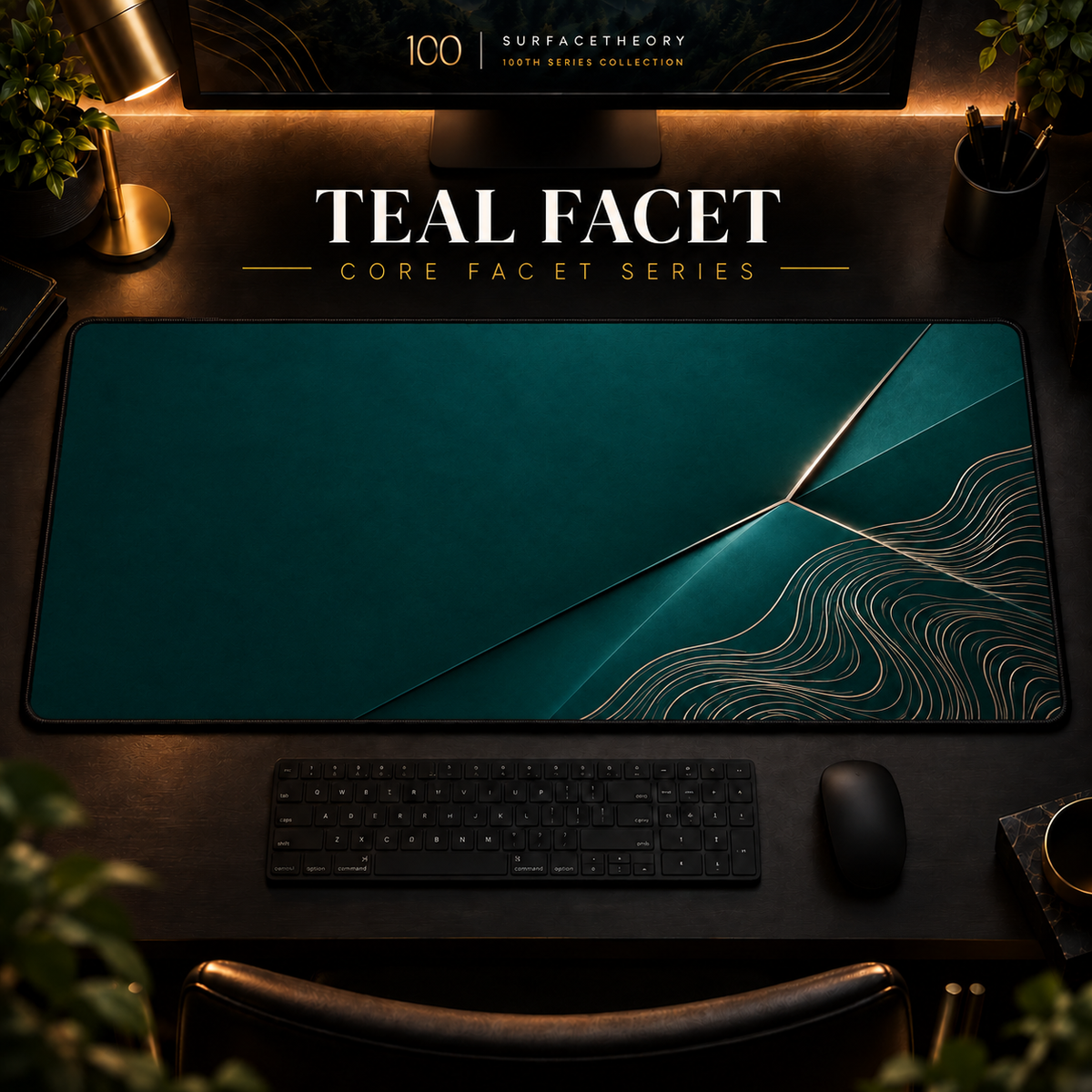 Teal Facet desk mat in a warm, dark workspace.