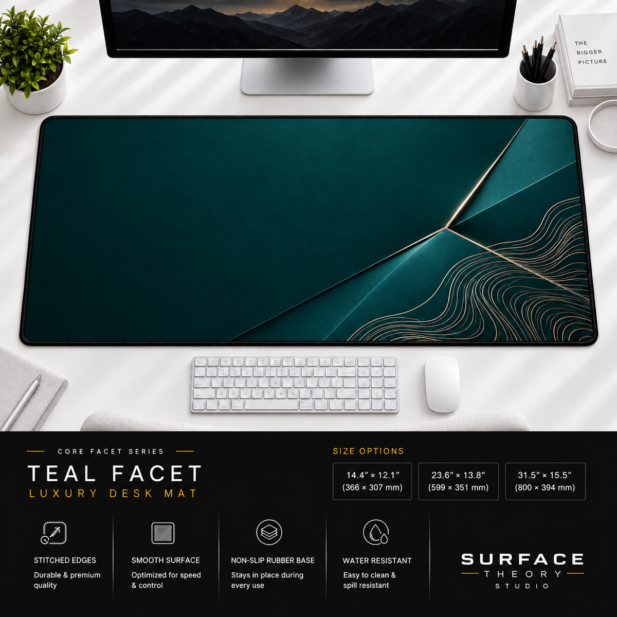 Teal Facet desk mat beneath a monitor on a bright desk with a white keyboard and mouse.