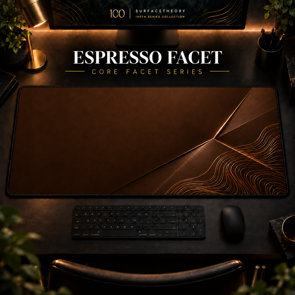 Espresso Facet desk mat in a warm, dark workspace.