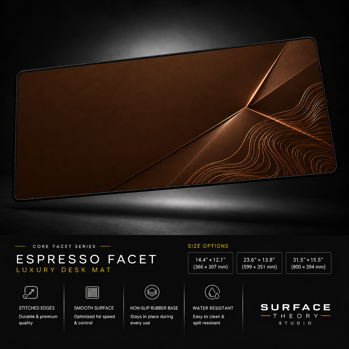 Espresso Facet desk mat floating against a dark studio background.