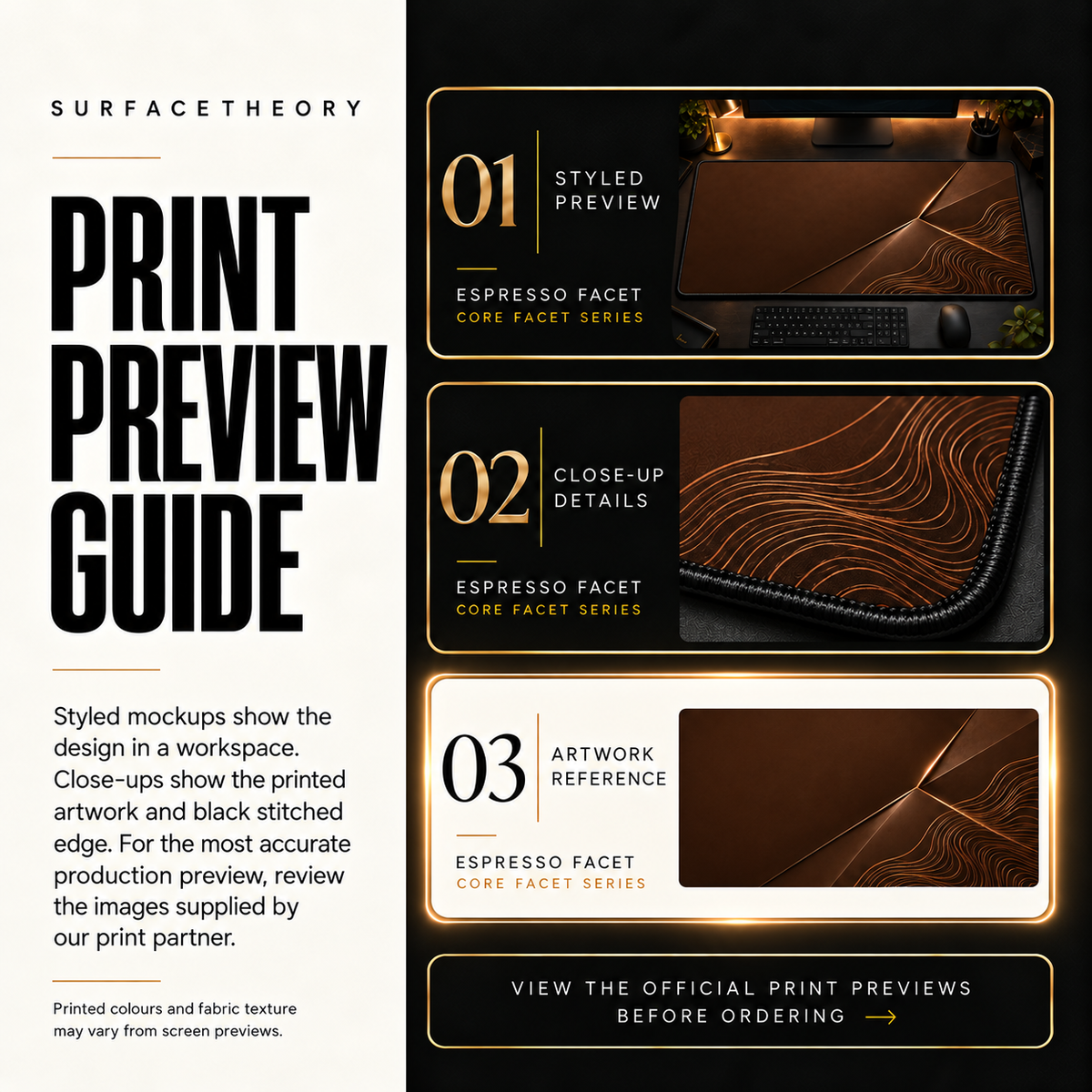 Espresso Facet print preview guide comparing styled presentation, close-up and artwork reference.
