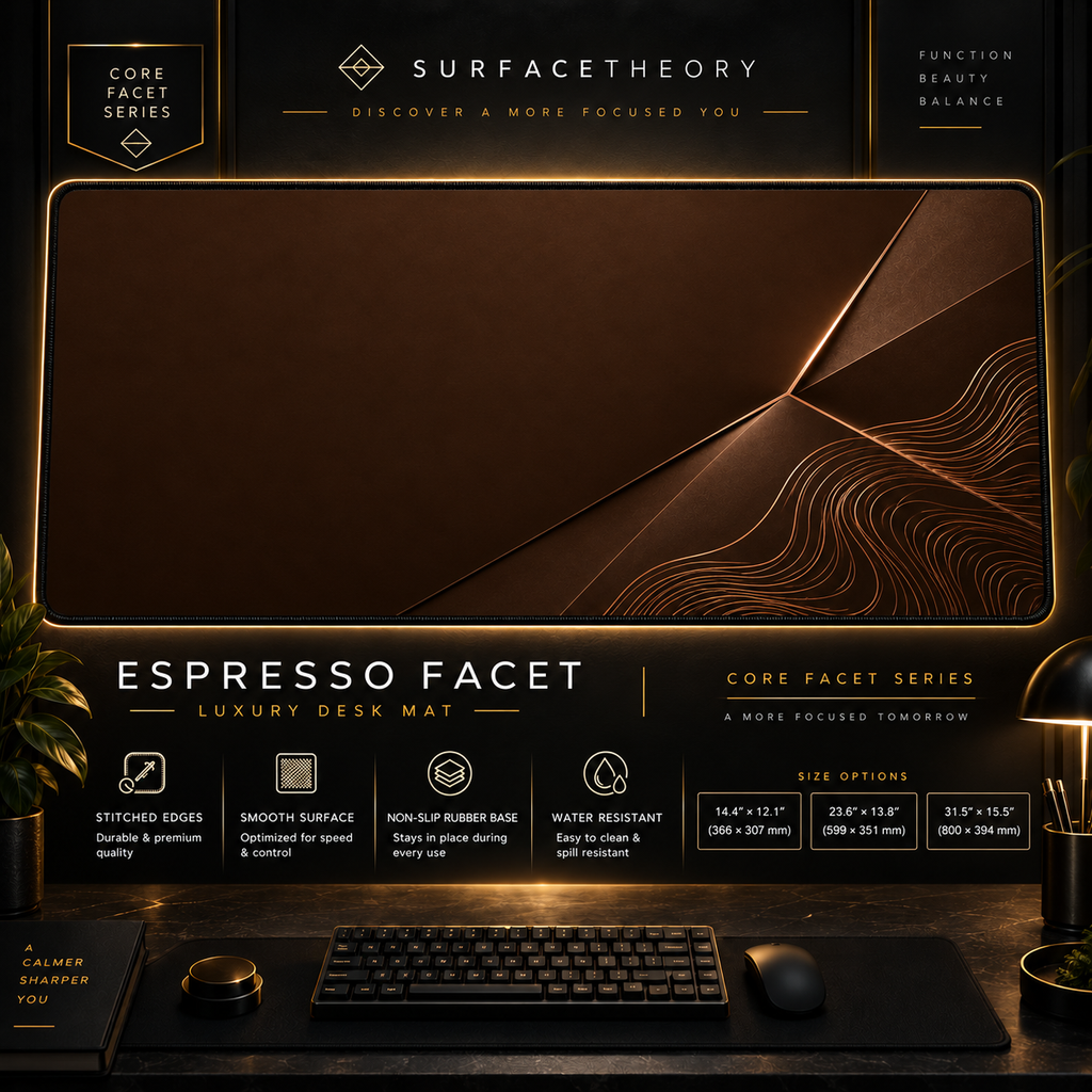 Espresso Facet desk mat in a gold-toned showcase frame above a keyboard.