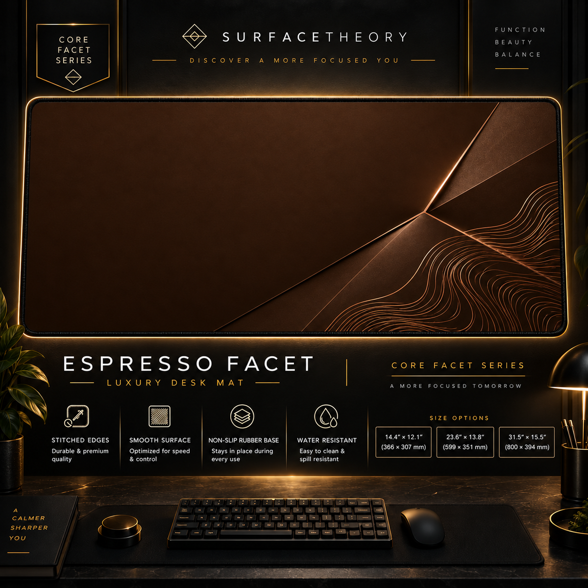 Espresso Facet desk mat in a gold-toned showcase frame above a keyboard.