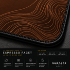 Close-up of Espresso Facet printed artwork and black stitched corner.