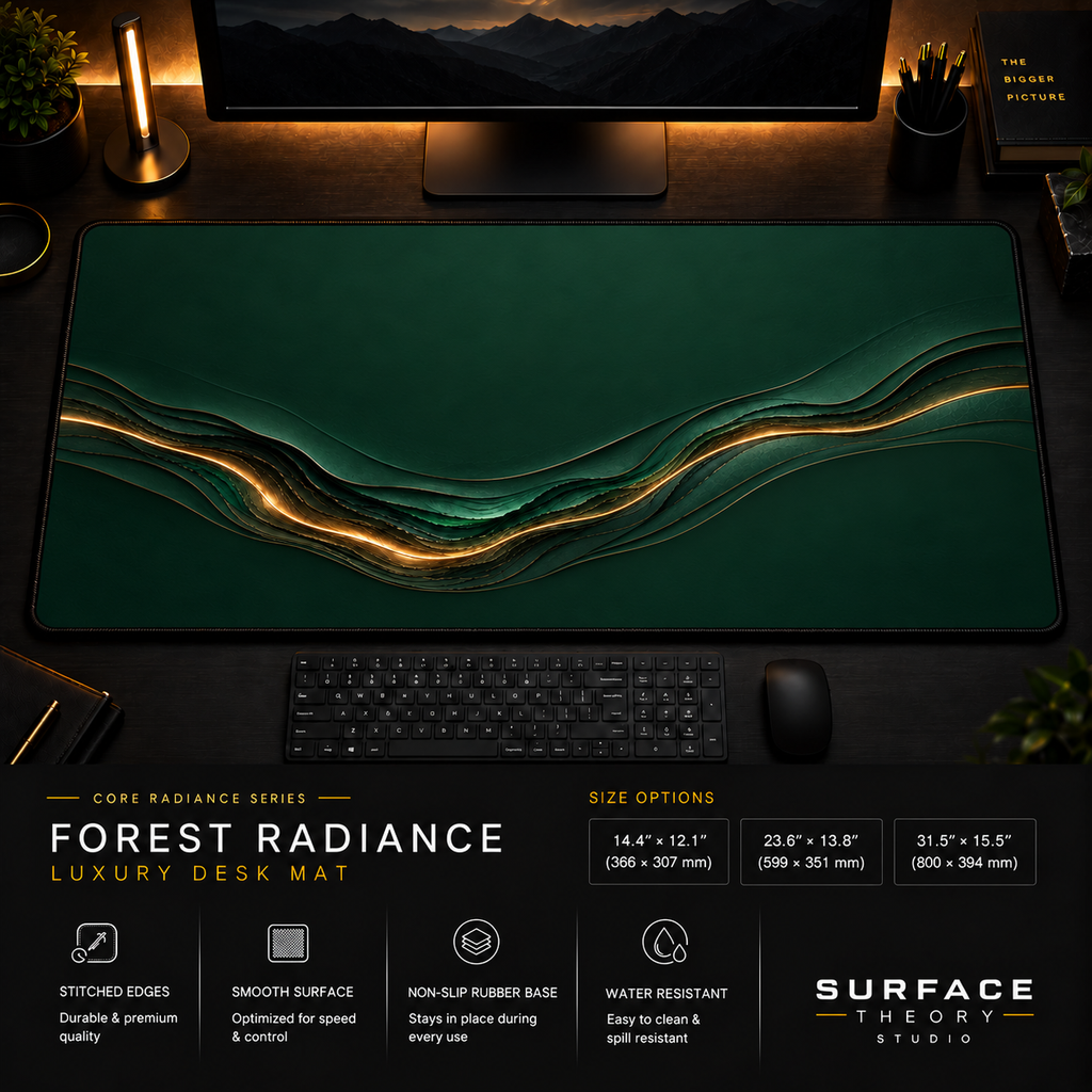Forest Radiance desk mat in a dark workstation with warm monitor lighting.