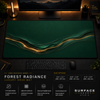 Forest Radiance desk mat in a dark workstation with warm monitor lighting.