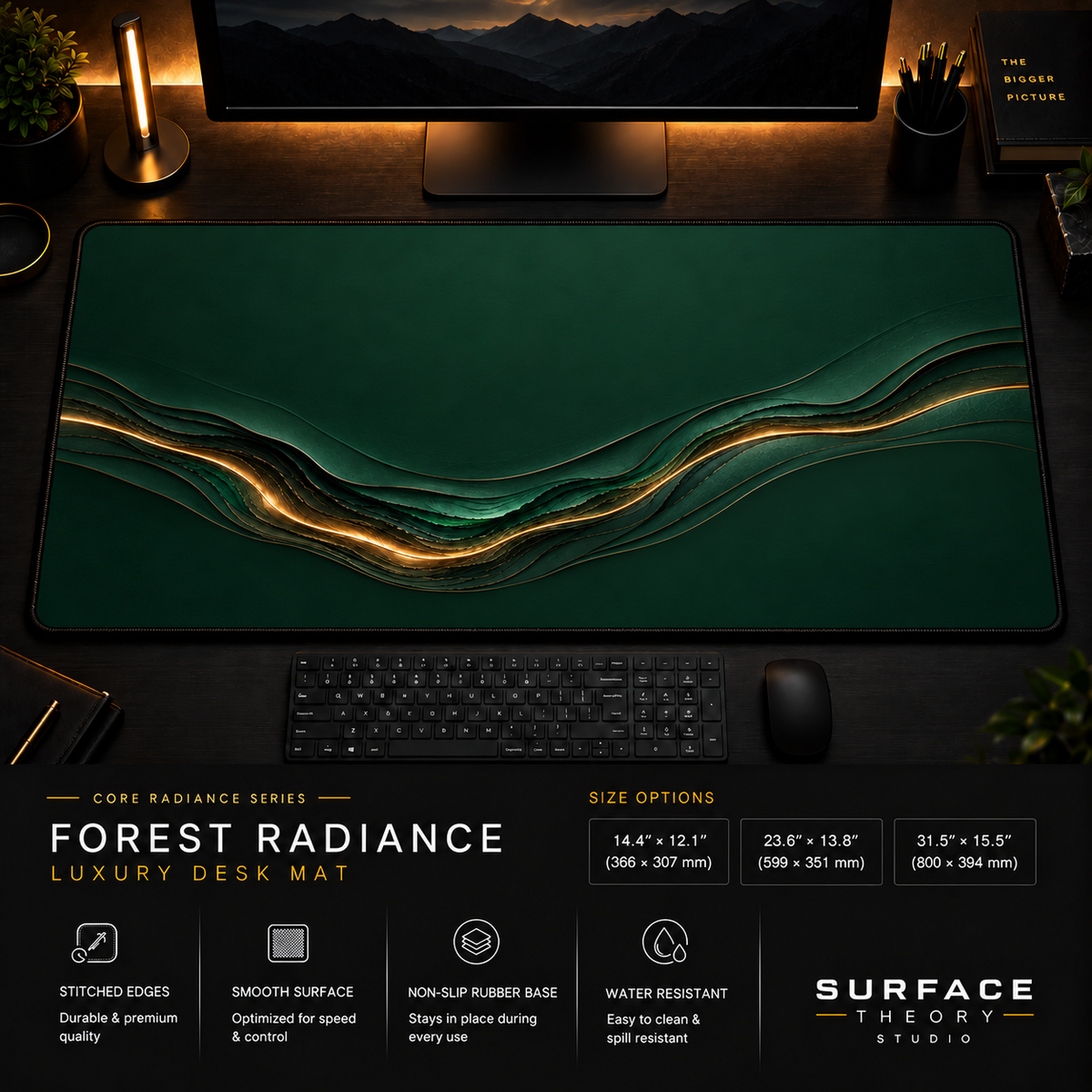 Forest Radiance desk mat in a dark workstation with warm monitor lighting.