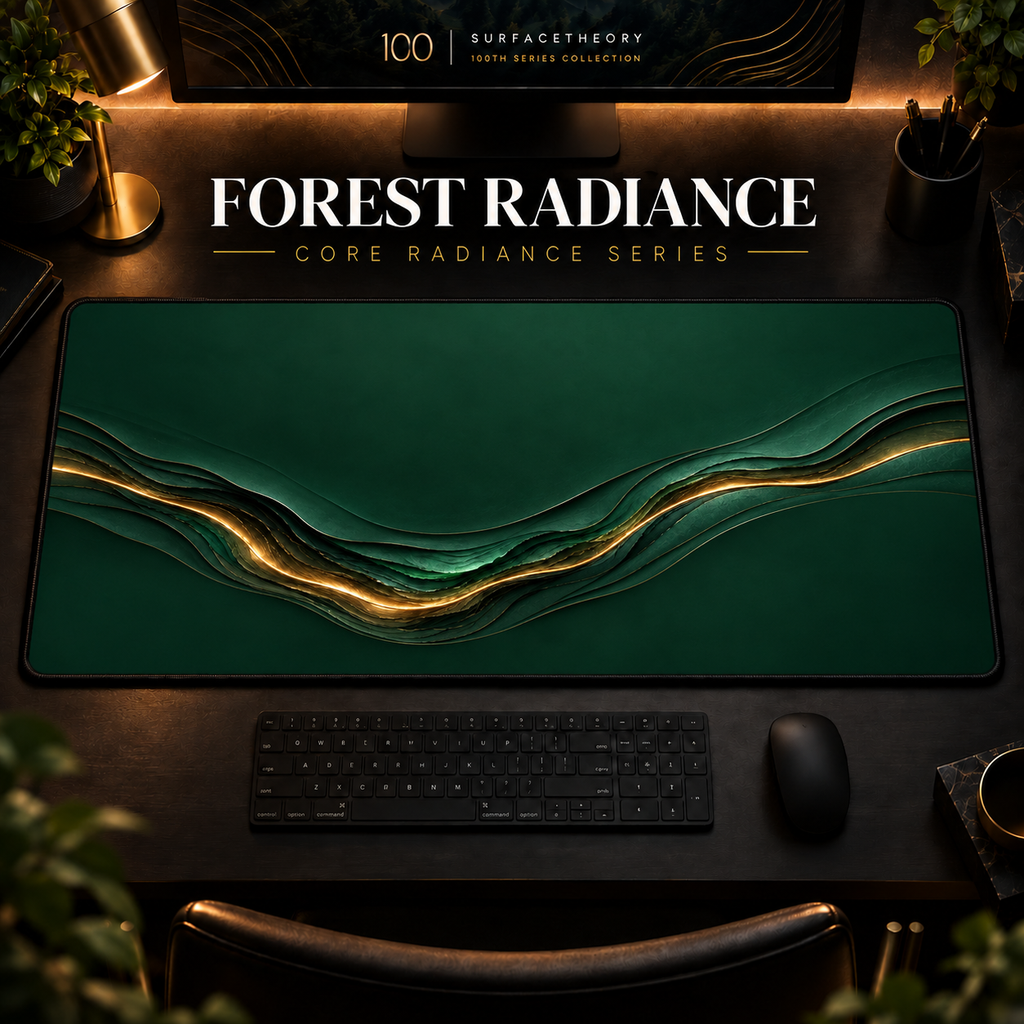 Forest Radiance desk mat in a warm, dark workspace.