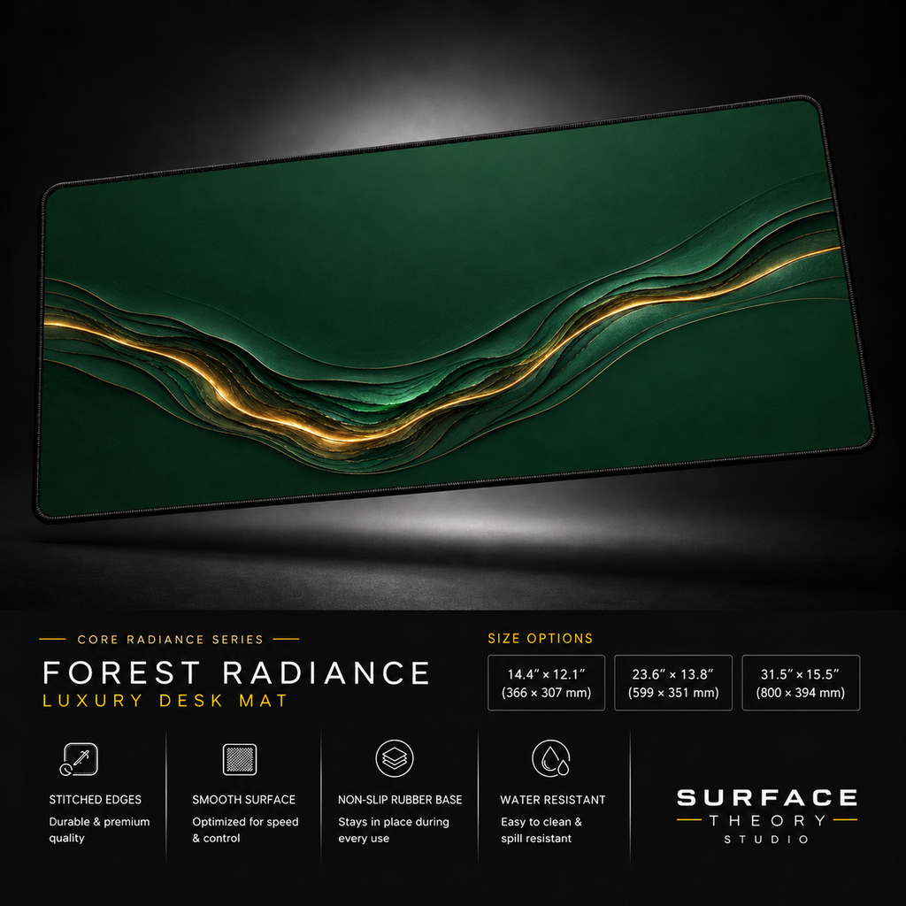 Forest Radiance desk mat floating against a dark studio background.