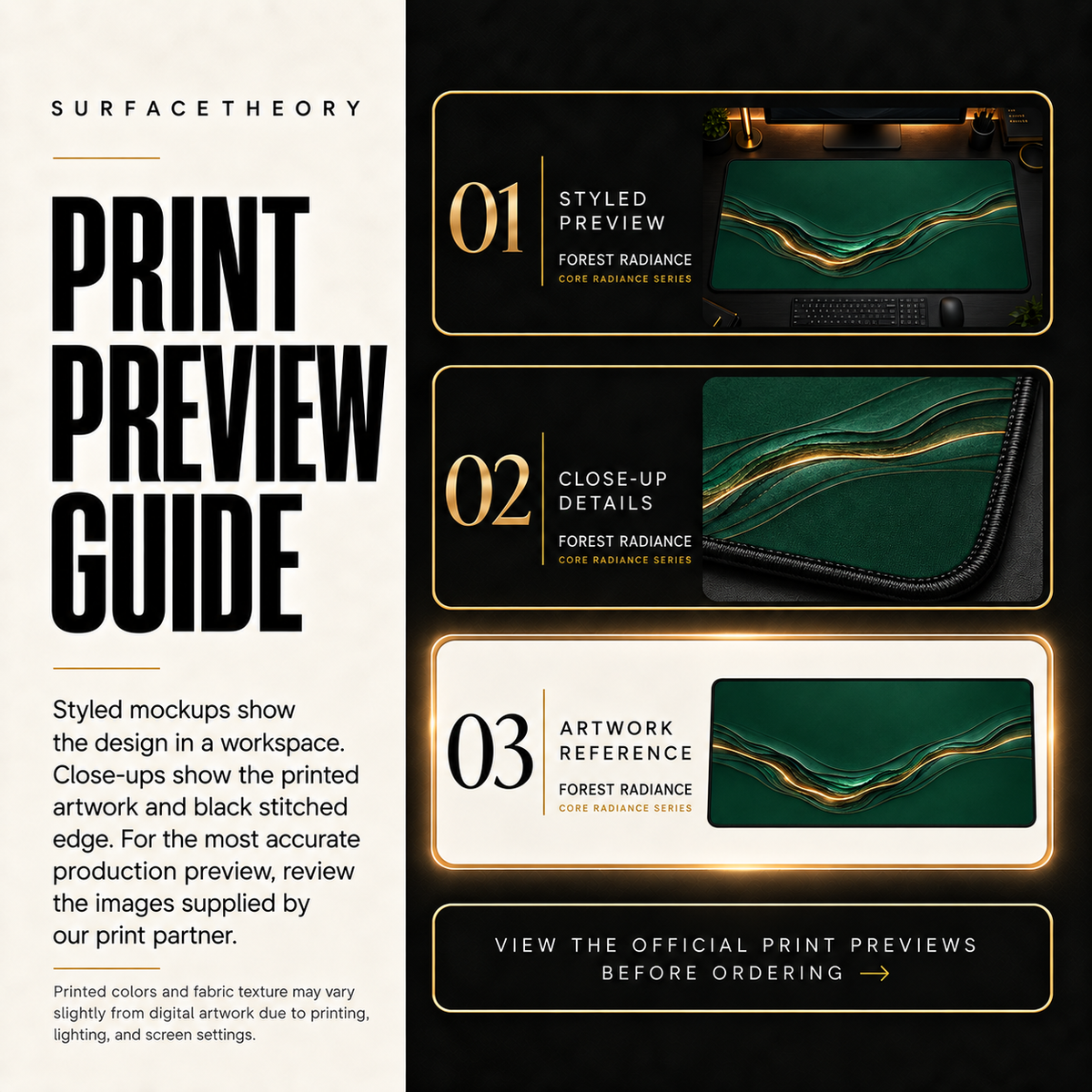 Forest Radiance print preview guide comparing styled presentation, close-up and artwork reference.