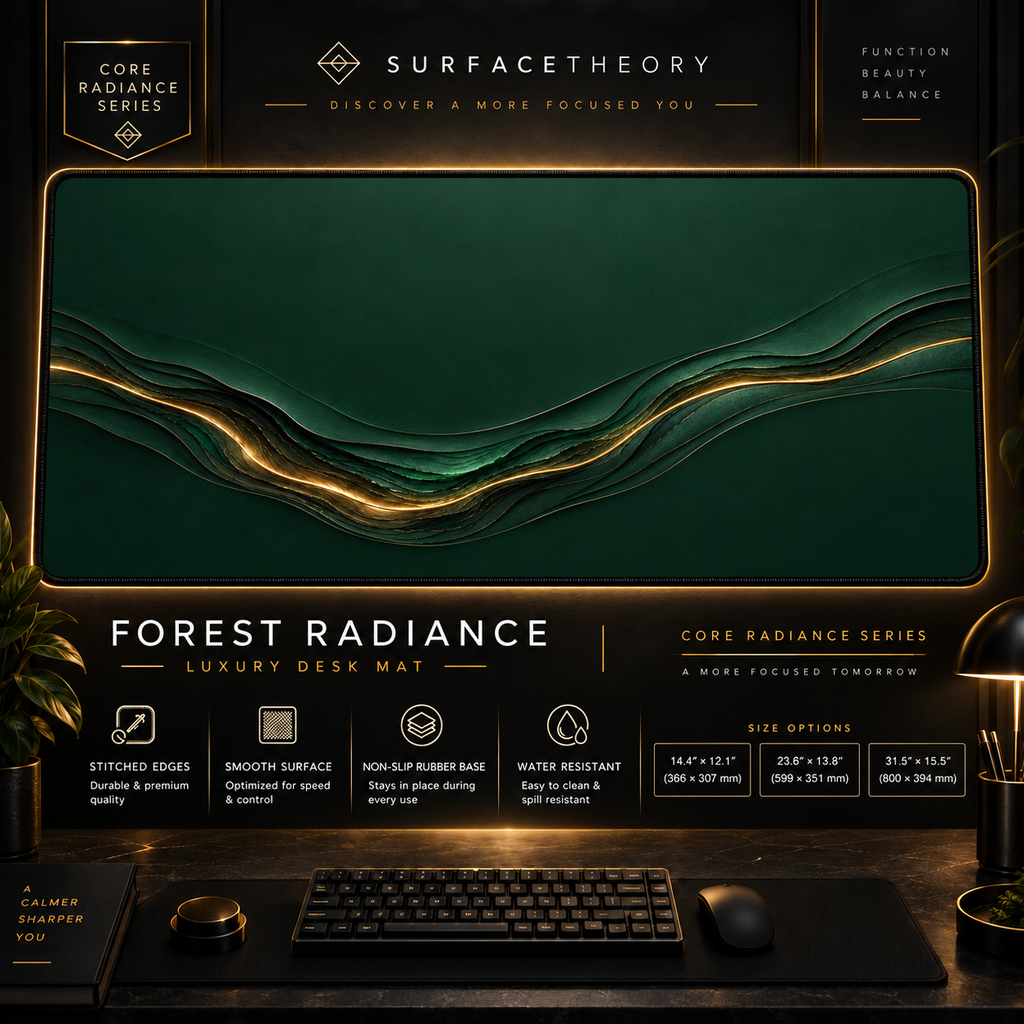 Forest Radiance desk mat in a gold-toned showcase frame above a keyboard.