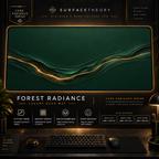 Forest Radiance desk mat in a gold-toned showcase frame above a keyboard.