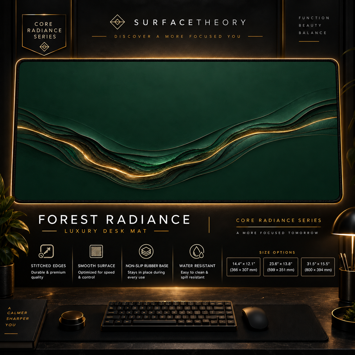 Forest Radiance desk mat in a gold-toned showcase frame above a keyboard.