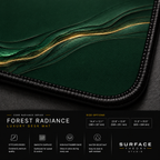 Close-up of Forest Radiance printed artwork and black stitched corner.