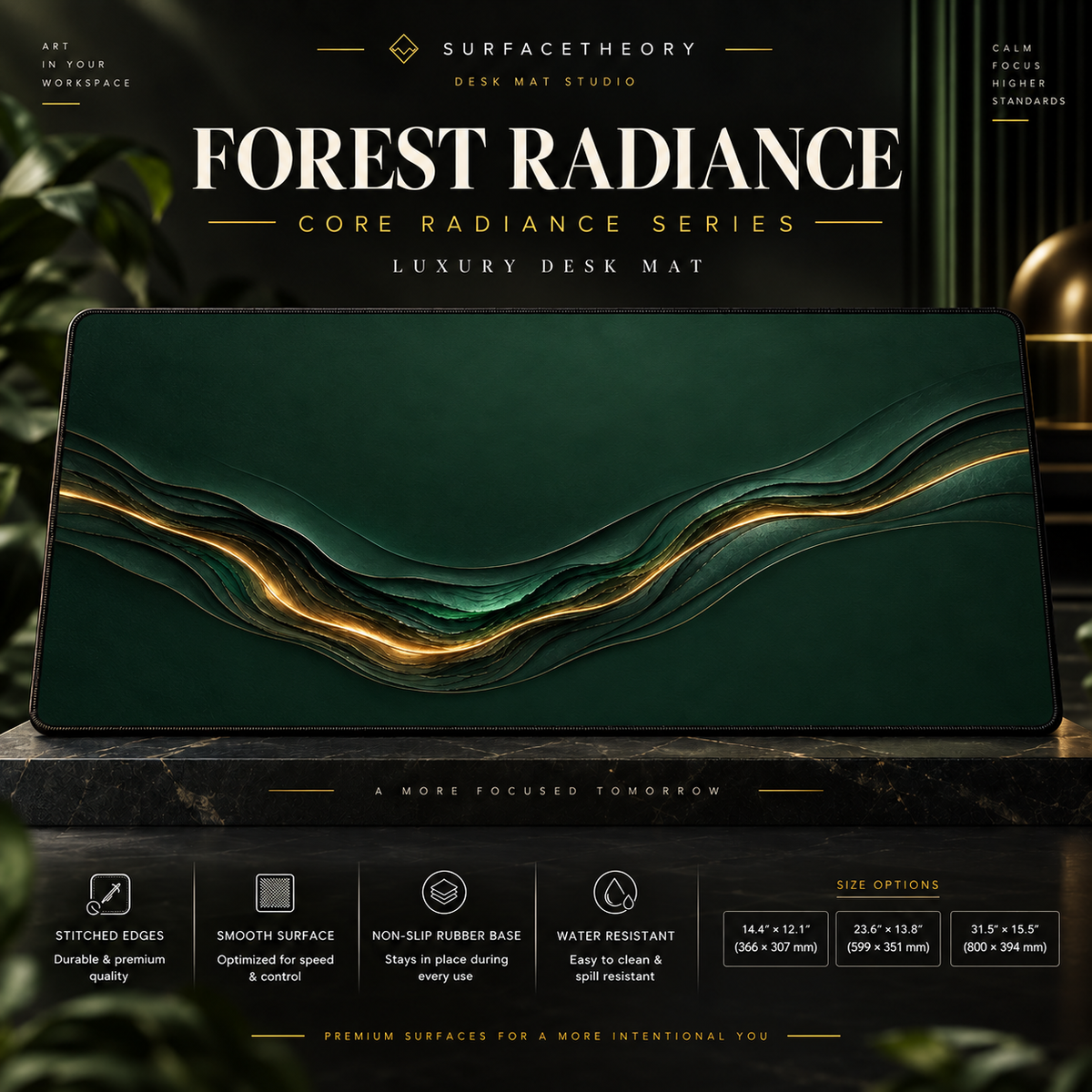 Forest Radiance desk mat on a studio display with size and product information.