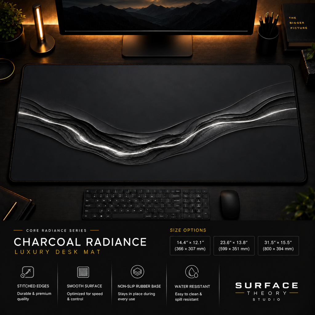 Charcoal Radiance desk mat in a dark workstation with warm monitor lighting.