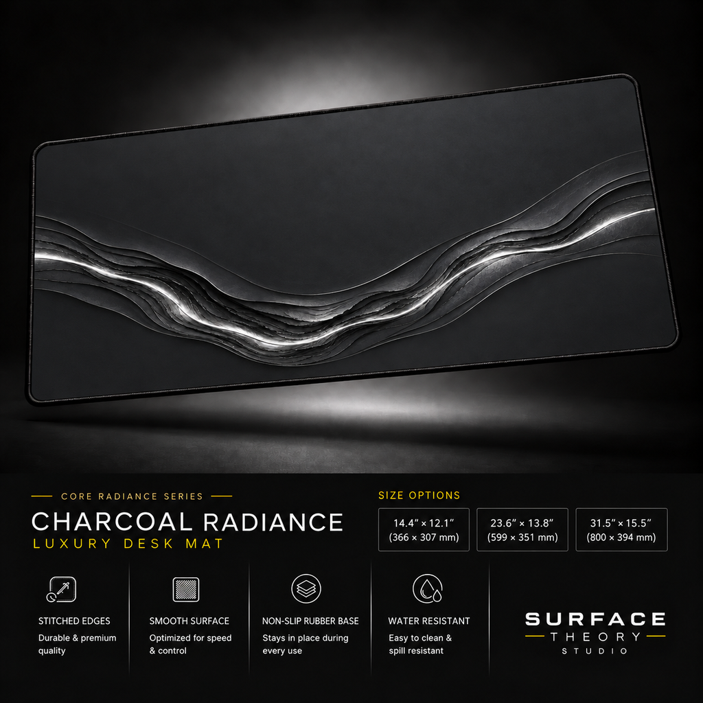 Charcoal Radiance desk mat floating against a dark studio background.