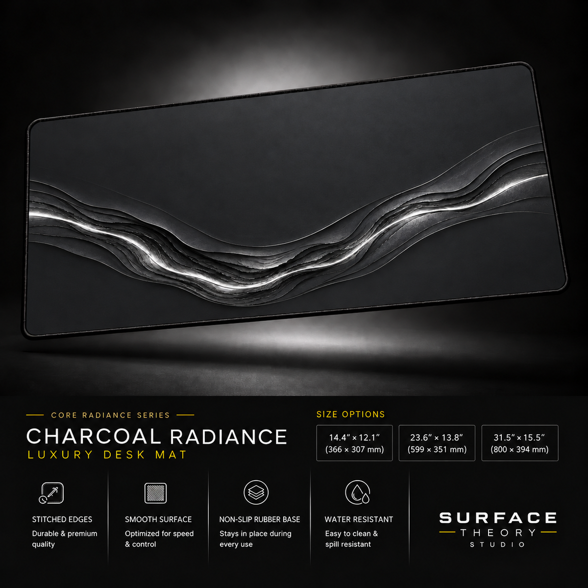 Charcoal Radiance desk mat floating against a dark studio background.