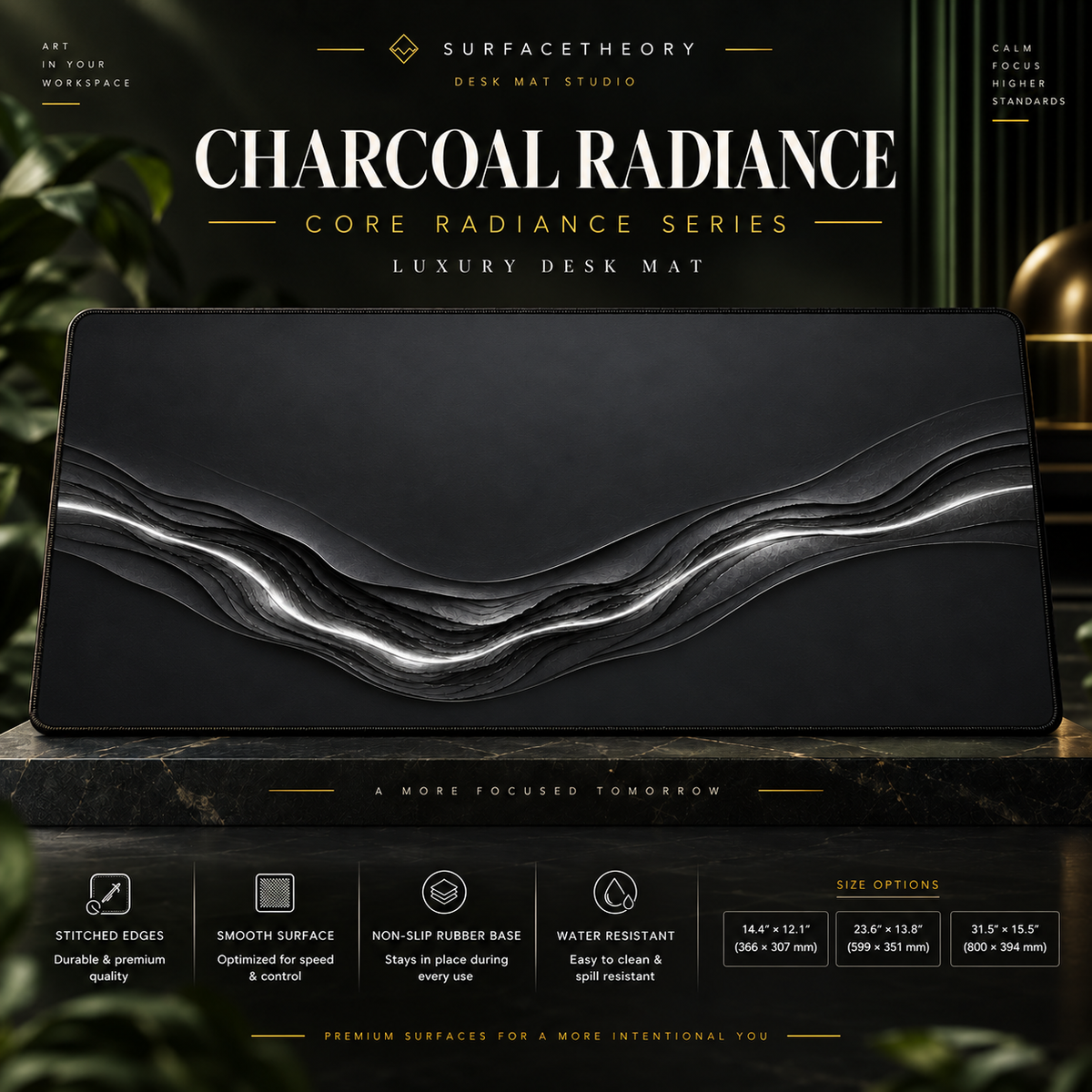 Charcoal Radiance desk mat on a studio display with size and product information.