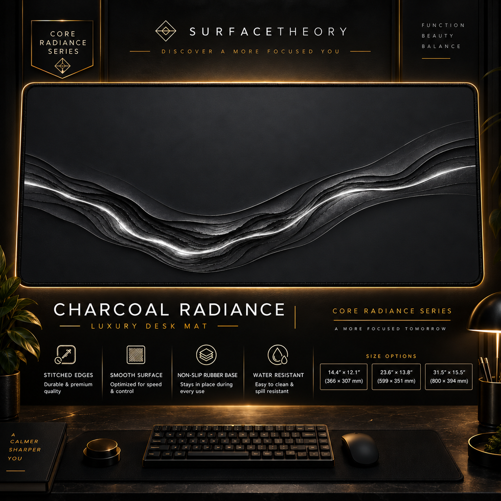 Charcoal Radiance desk mat in a gold-toned showcase frame above a keyboard.