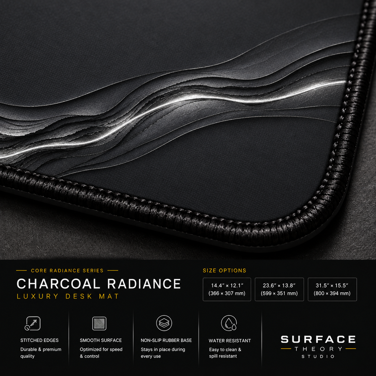 Close-up of Charcoal Radiance printed artwork and black stitched corner.